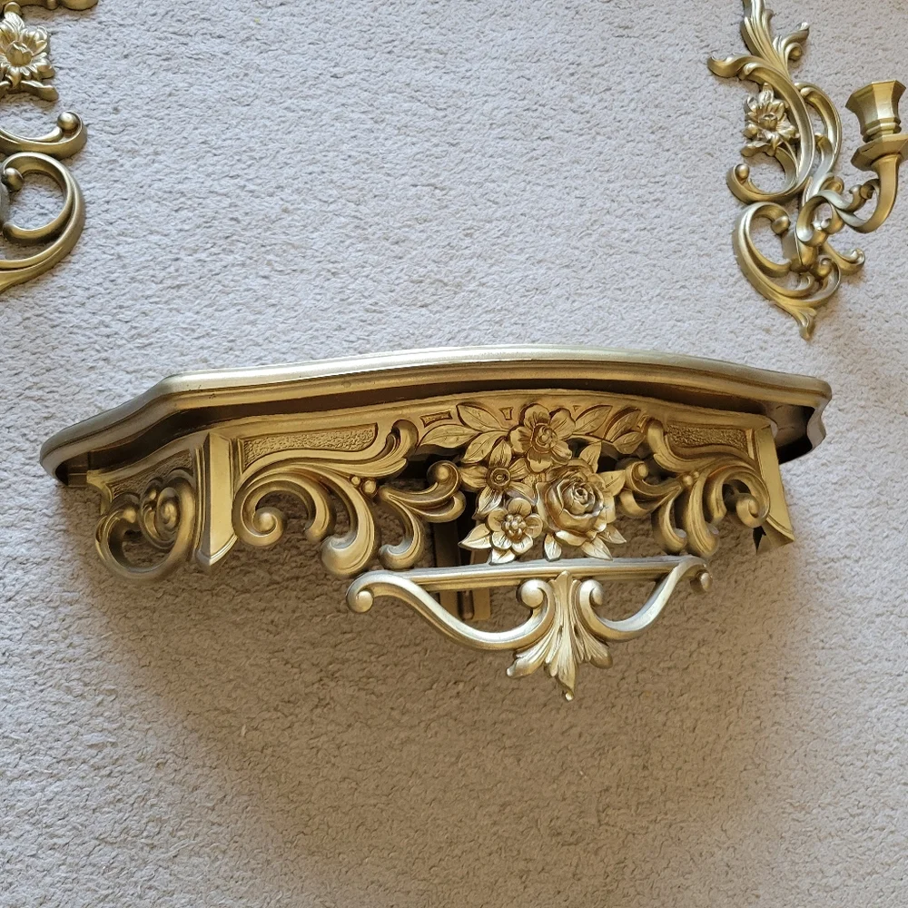 Vintage Set Syroco Dart Gold Hollywood Regency Wall Sconces and Shelf #3025#3933